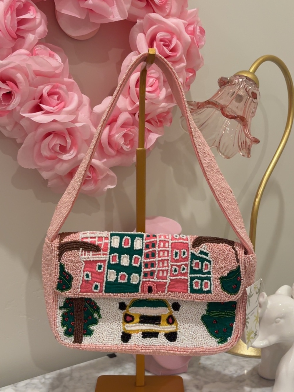 Pink Beaded Cityscape Shoulder Bag